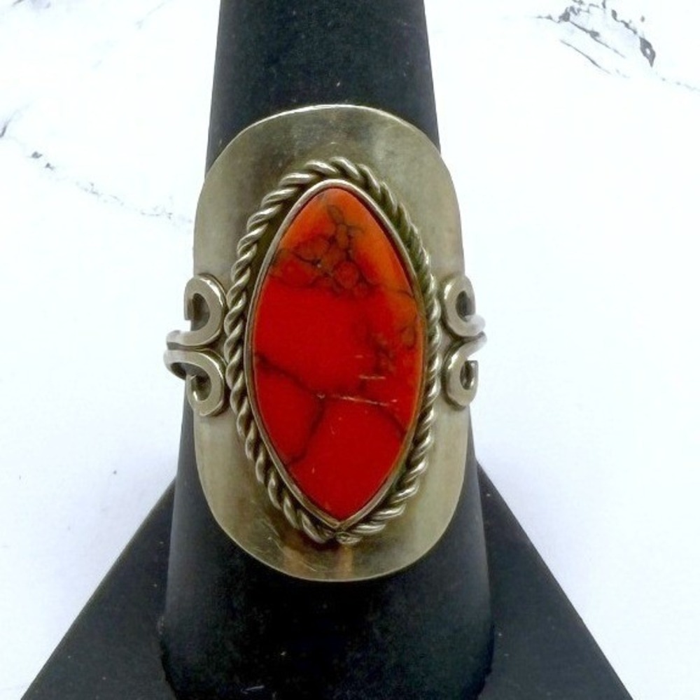 Size 9.5 Southwestern or Gothic Style Red Glass Statement Ring Silver Tone